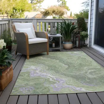 8' X 10' Artichoke Green Lavender And Ivory Abstract Washable Indoor Outdoor Area Rug