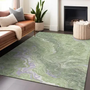 8' X 10' Artichoke Green Lavender And Ivory Abstract Washable Indoor Outdoor Area Rug