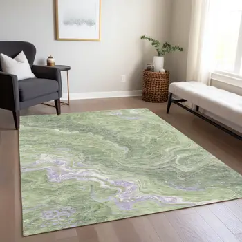 8' X 10' Artichoke Green Lavender And Ivory Abstract Washable Indoor Outdoor Area Rug
