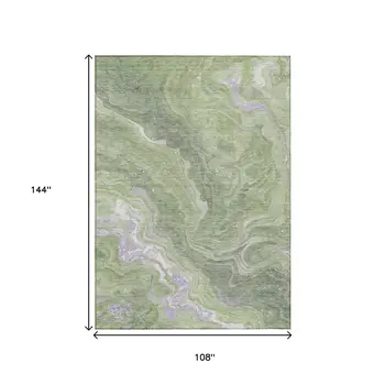 9' X 12' Artichoke Green Lavender And Ivory Abstract Washable Indoor Outdoor Area Rug
