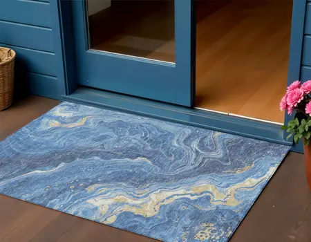 3' X 5' Blue Gold And Ivory Abstract Washable Indoor Outdoor Area Rug