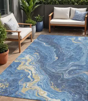 5' X 8' Blue Gold And Ivory Abstract Washable Indoor Outdoor Area Rug