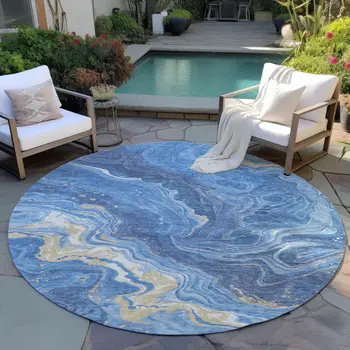 8' Blue Gold And Ivory Round Abstract Washable Indoor Outdoor Area Rug