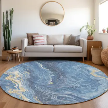 8' Blue Gold And Ivory Round Abstract Washable Indoor Outdoor Area Rug