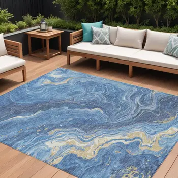9' X 12' Blue Gold And Ivory Abstract Washable Indoor Outdoor Area Rug