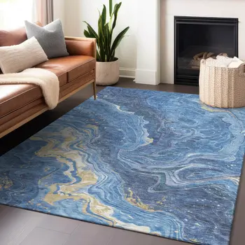 9' X 12' Blue Gold And Ivory Abstract Washable Indoor Outdoor Area Rug