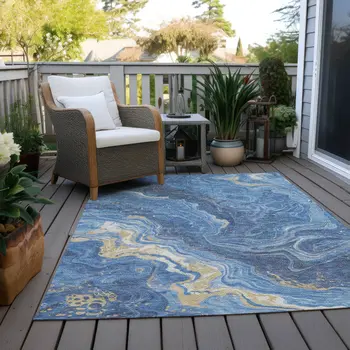 10' X 14' Blue Gold And Ivory Abstract Washable Indoor Outdoor Area Rug