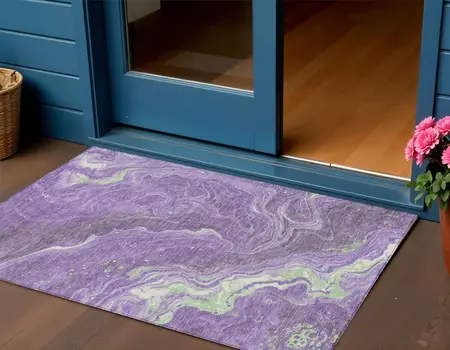 3' X 5' Purple Mint Green And Ivory Abstract Washable Indoor Outdoor Area Rug