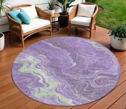 8' Purple Mint Green And Ivory Round Abstract Washable Indoor Outdoor Area Rug