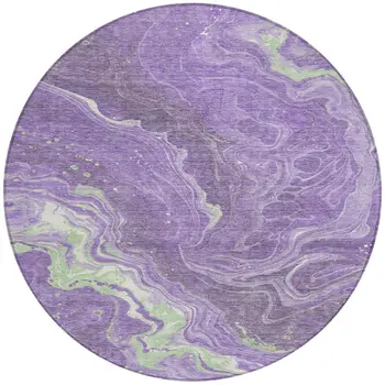 8' Purple Mint Green And Ivory Round Abstract Washable Indoor Outdoor Area Rug