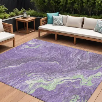 8' X 10' Purple Mint Green And Ivory Abstract Washable Indoor Outdoor Area Rug