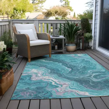 3' X 5' Teal Blue Gray And Ivory Abstract Washable Indoor Outdoor Area Rug