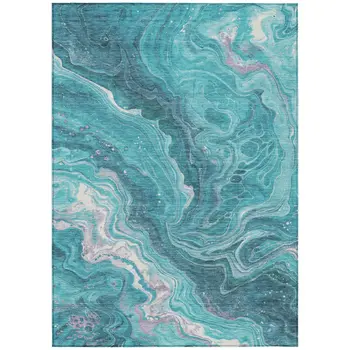3' X 5' Teal Blue Gray And Ivory Abstract Washable Indoor Outdoor Area Rug