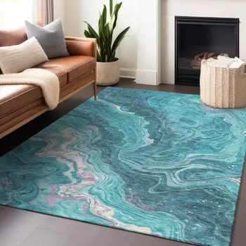3' X 5' Teal Blue Gray And Ivory Abstract Washable Indoor Outdoor Area Rug