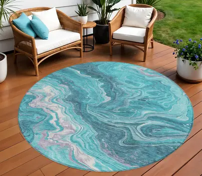 8' Teal Blue Gray And Ivory Round Abstract Washable Indoor Outdoor Area Rug