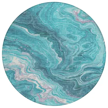8' Teal Blue Gray And Ivory Round Abstract Washable Indoor Outdoor Area Rug