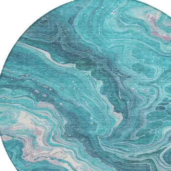 8' Teal Blue Gray And Ivory Round Abstract Washable Indoor Outdoor Area Rug