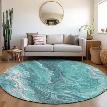 8' Teal Blue Gray And Ivory Round Abstract Washable Indoor Outdoor Area Rug