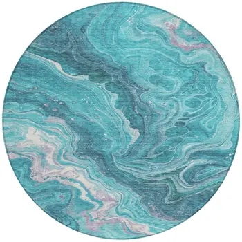 8' Teal Blue Gray And Ivory Round Abstract Washable Indoor Outdoor Area Rug