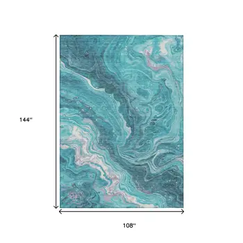 9' X 12' Teal Blue Gray And Ivory Abstract Washable Indoor Outdoor Area Rug