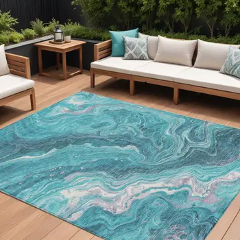 9' X 12' Teal Blue Gray And Ivory Abstract Washable Indoor Outdoor Area Rug