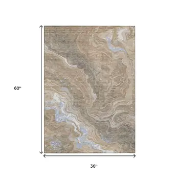 3' X 5' Taupe Blue And Ivory Abstract Washable Indoor Outdoor Area Rug
