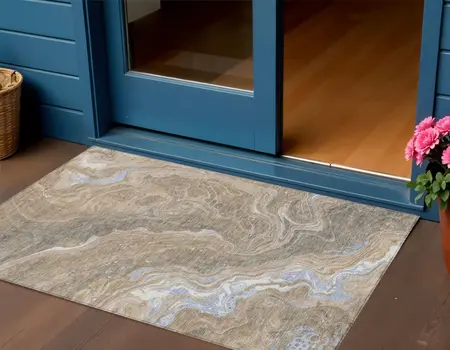 3' X 5' Taupe Blue And Ivory Abstract Washable Indoor Outdoor Area Rug