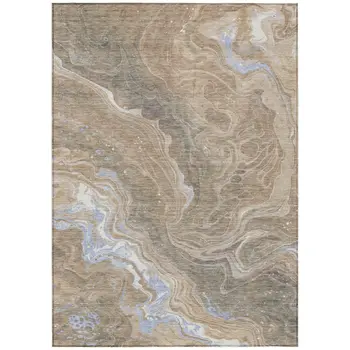 3' X 5' Taupe Blue And Ivory Abstract Washable Indoor Outdoor Area Rug