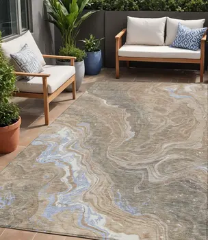 5' X 8' Taupe Blue And Ivory Abstract Washable Indoor Outdoor Area Rug