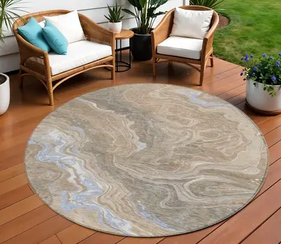 8' Taupe Blue And Ivory Round Abstract Washable Indoor Outdoor Area Rug