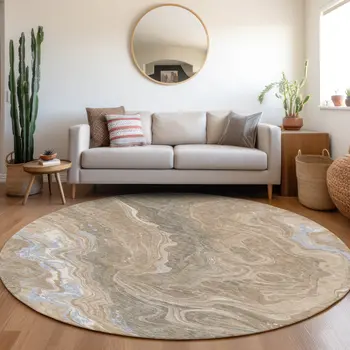 8' Taupe Blue And Ivory Round Abstract Washable Indoor Outdoor Area Rug
