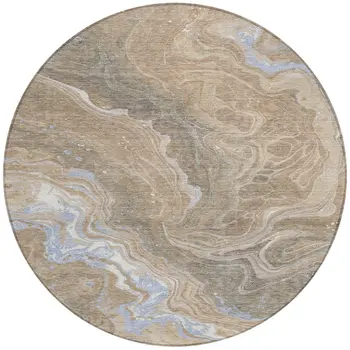 8' Taupe Blue And Ivory Round Abstract Washable Indoor Outdoor Area Rug