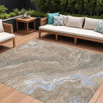 10' X 14' Taupe Blue And Ivory Abstract Washable Indoor Outdoor Area Rug