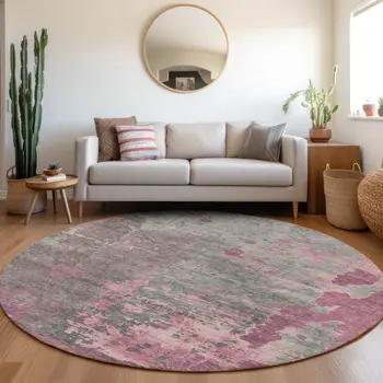 8' Blush Gray And Mauve Round Abstract Washable Indoor Outdoor Area Rug
