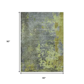 5' X 8' Fern Green Gray And Olive Green Abstract Washable Indoor Outdoor Area Rug