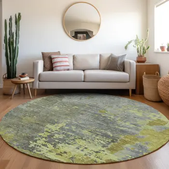 8' Fern Green Gray And Olive Green Round Abstract Washable Indoor Outdoor Area Rug
