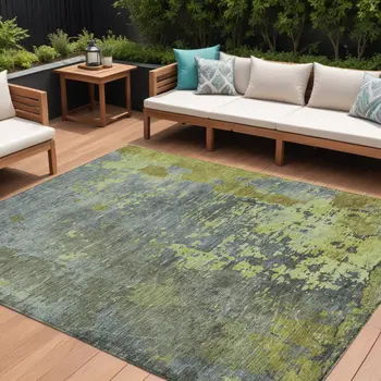 10' X 14' Fern Green Gray And Olive Green Abstract Washable Indoor Outdoor Area Rug
