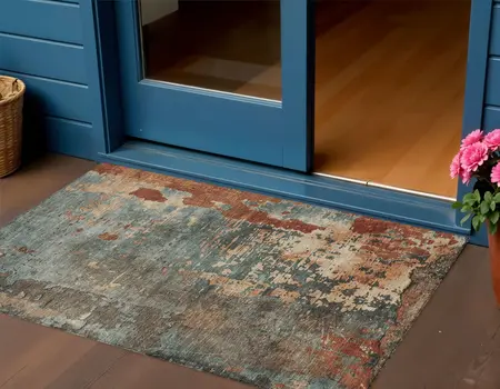 3' X 5' Pale Aqua Copper And Beige Abstract Washable Indoor Outdoor Area Rug