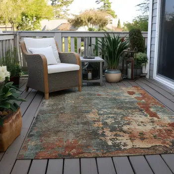 3' X 5' Pale Aqua Copper And Beige Abstract Washable Indoor Outdoor Area Rug