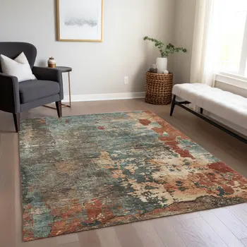 5' X 8' Pale Aqua Copper And Beige Abstract Washable Indoor Outdoor Area Rug