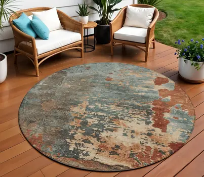 8' Pale Aqua Copper And Beige Round Abstract Washable Indoor Outdoor Area Rug
