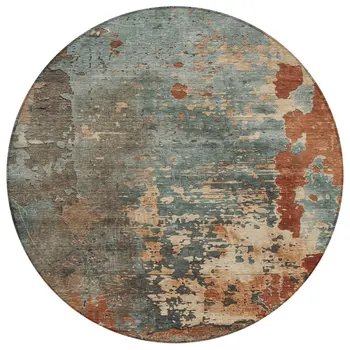 8' Pale Aqua Copper And Beige Round Abstract Washable Indoor Outdoor Area Rug