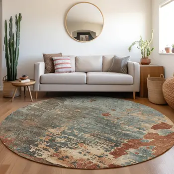8' Pale Aqua Copper And Beige Round Abstract Washable Indoor Outdoor Area Rug