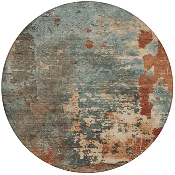 8' Pale Aqua Copper And Beige Round Abstract Washable Indoor Outdoor Area Rug