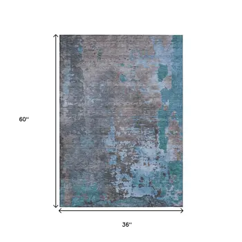3' X 5' Teal Blue Taupe And Sky Blue Abstract Washable Indoor Outdoor Area Rug