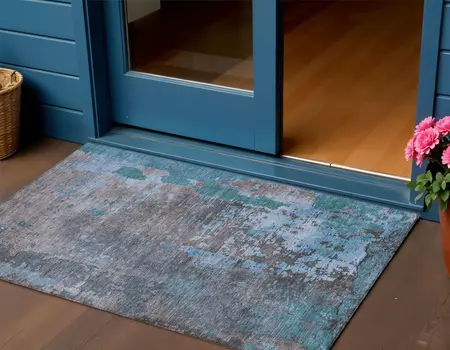 3' X 5' Teal Blue Taupe And Sky Blue Abstract Washable Indoor Outdoor Area Rug