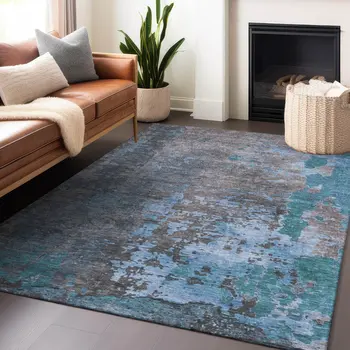 3' X 5' Teal Blue Taupe And Sky Blue Abstract Washable Indoor Outdoor Area Rug