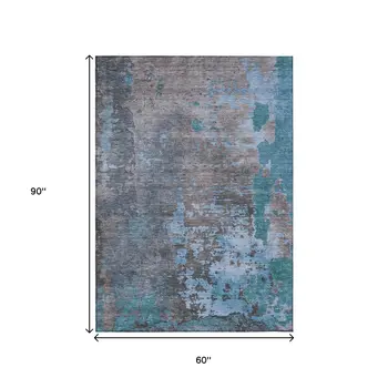 5' X 8' Teal Blue Taupe And Sky Blue Abstract Washable Indoor Outdoor Area Rug