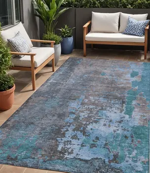 5' X 8' Teal Blue Taupe And Sky Blue Abstract Washable Indoor Outdoor Area Rug