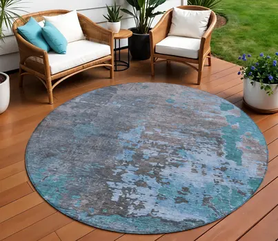 8' Teal Blue Taupe And Sky Blue Round Abstract Washable Indoor Outdoor Area Rug